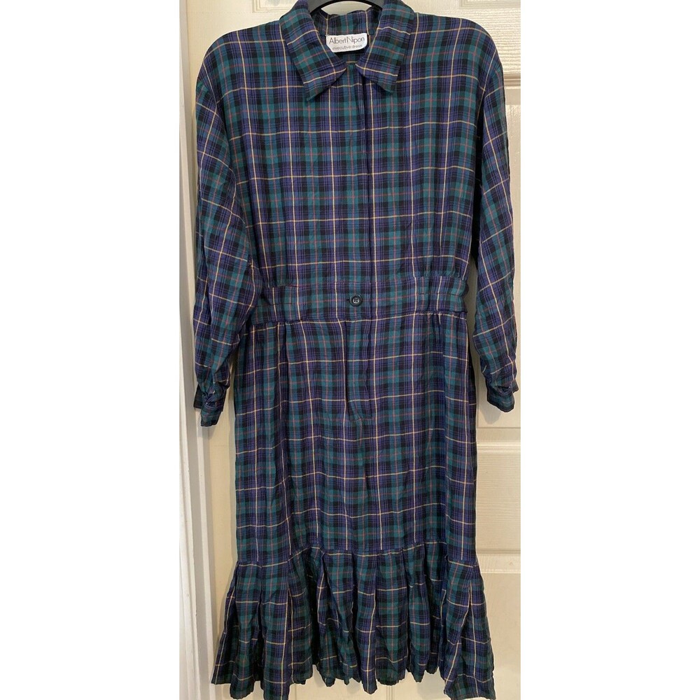 Vintage Green Plaid Shirt Dress Holiday Midi Tiered Modest Grunge Albert Nipon
